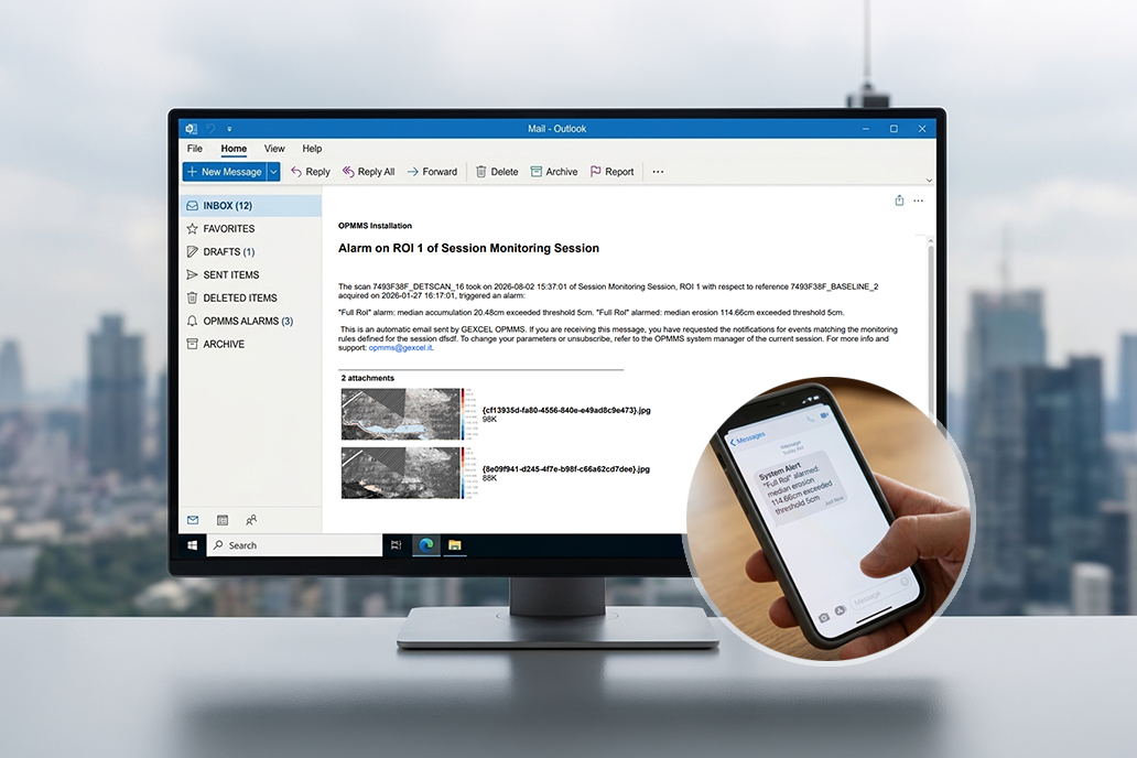 opmms - sistema di monitoraggio lidar automatico per fronti di cava e cave a cielo aperto. Invio di email/messaggi automatici di allerta